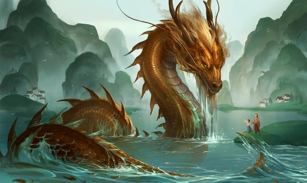 A-japanese-dragon-rises-fromt-he-river-to-greet-a-father-and-child-in-this-fantasy-painting-by-Sandara 5 stars phistars cool